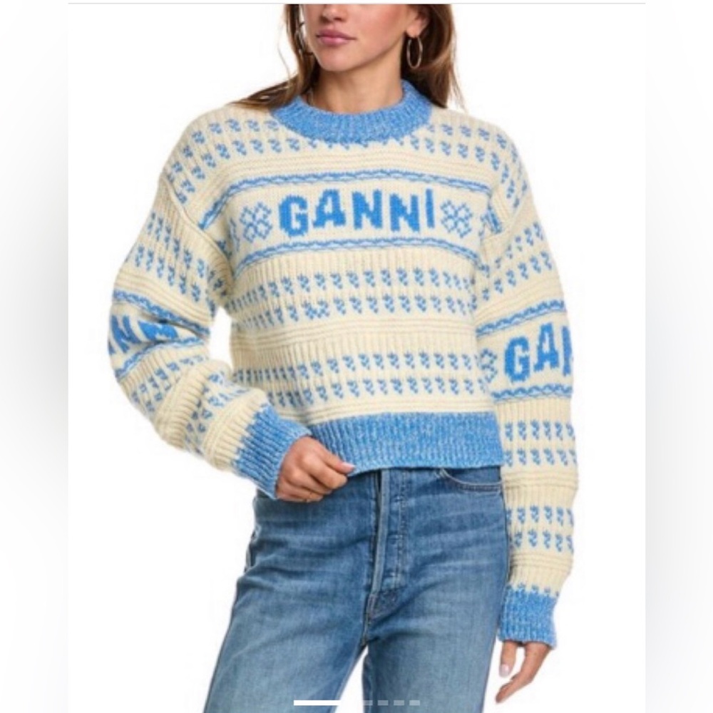 Ganni Cream and Light Blue Fair Isle Logo Crewneck Sweater, XXS